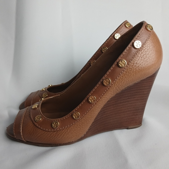 TORY BURCH Wedge Women Sandals Size 6.5 Tan Leather Open Toe - Picture 3 of 10